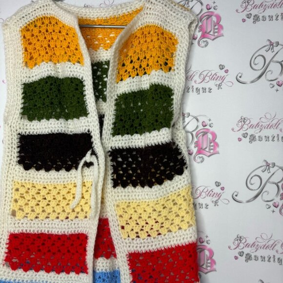 Vest cardigan knit handmade striped crochet ribbon π bow tie up warm cozy cute - Picture 3 of 14